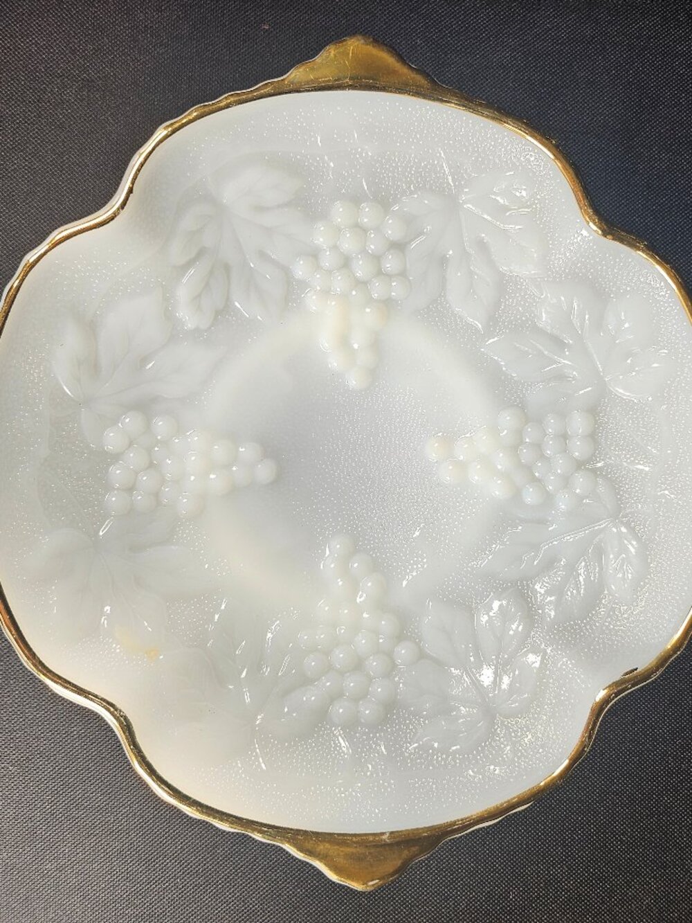 Anchor Hocking 60s white Milk Glass With Gold Trim Embossed Grape Leaf Design